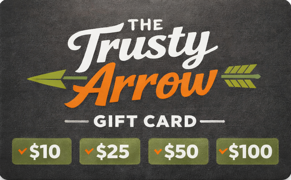 Gift card with 'The Trusty Arrow' branding and various value options on a dark background.